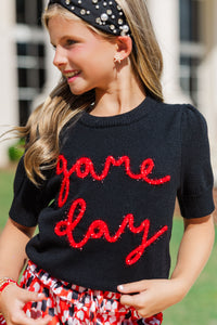 Girls: It's Game Day Black/Red Puff Sleeve Sweater