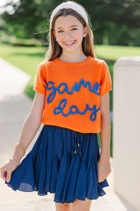 Girls: It's Game Day Orange/Blue Puff Sleeve Sweater