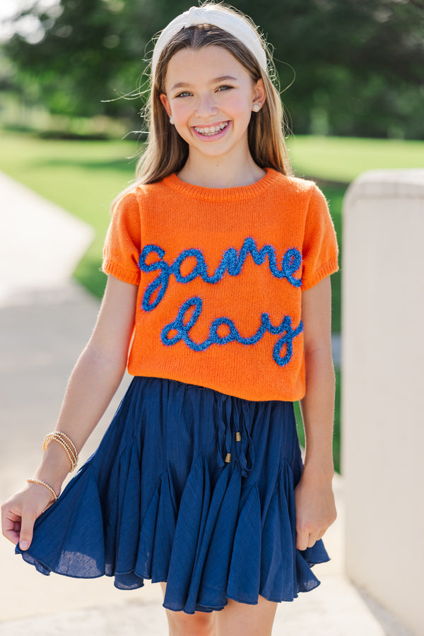 Girls: It's Game Day Orange/Blue Puff Sleeve Sweater