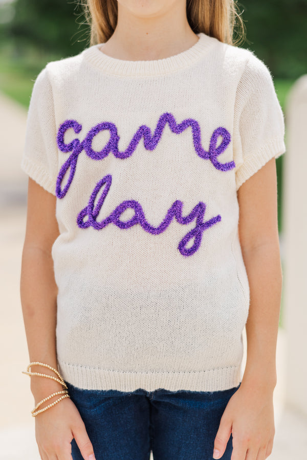 Girls: It's Game Day Ivory/Purple Puff Sleeve Sweater