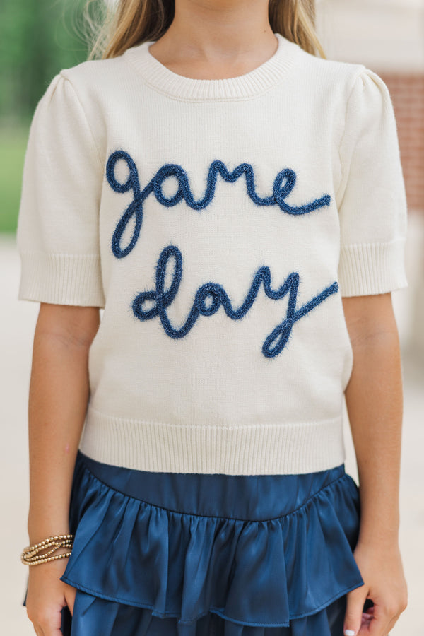 Girls: It's Game Day Ivory/Navy Puff Sleeve Sweater