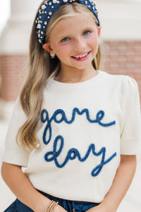 Girls: It's Game Day Ivory/Navy Puff Sleeve Sweater
