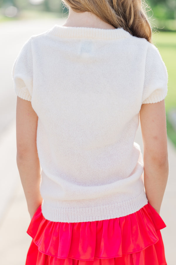 Girls: It's Game Day Ivory/Navy Puff Sleeve Sweater