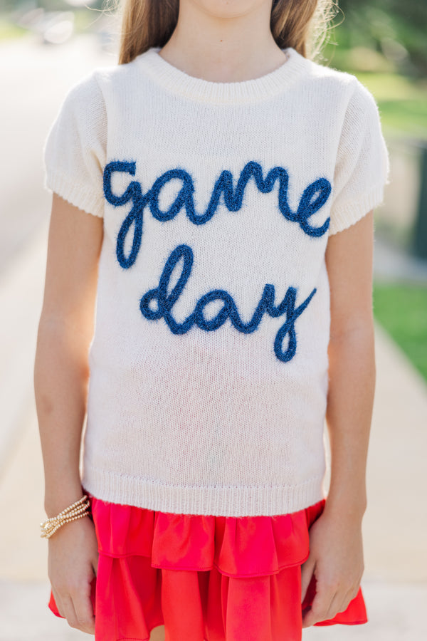 Girls: It's Game Day Ivory/Navy Puff Sleeve Sweater