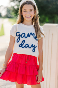 Girls: It's Game Day Ivory/Navy Puff Sleeve Sweater