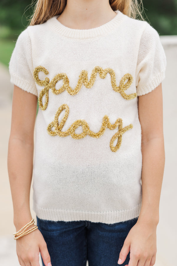 Girls: It's Game Day Ivory/Gold Puff Sleeve Sweater