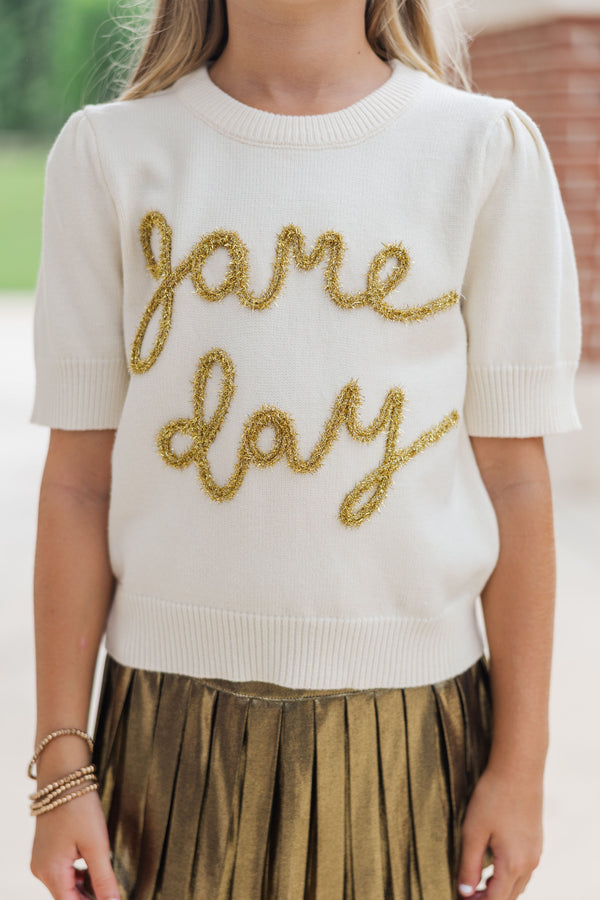 Girls: It's Game Day Ivory/Gold Puff Sleeve Sweater