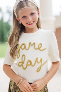Girls: It's Game Day Ivory/Gold Puff Sleeve Sweater