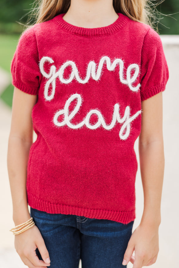 Girls: It's Game Day Crimson/White Puff Sleeve Sweater