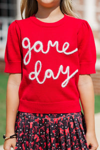 Girls: It's Game Day Crimson/White Puff Sleeve Sweater