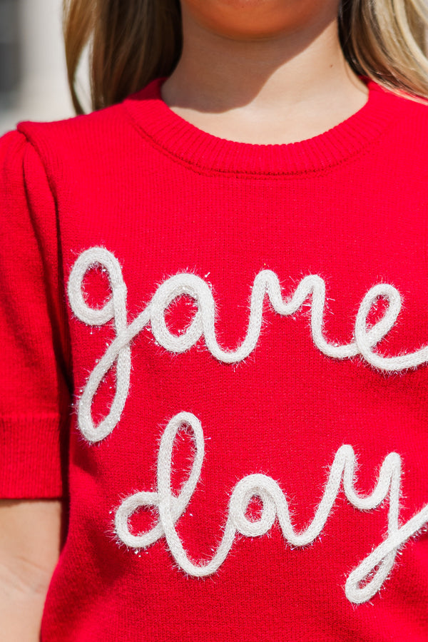 Girls: It's Game Day Crimson/White Puff Sleeve Sweater