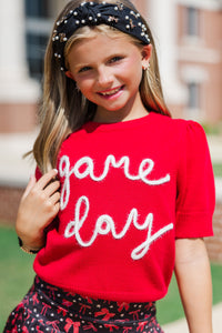 Girls: It's Game Day Crimson/White Puff Sleeve Sweater