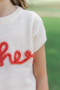 Girls: Gather Round Cream Script Sweater