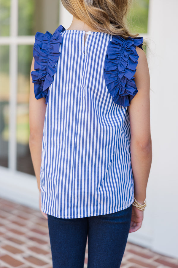 Girls: Listen To Your Heart Navy Blue Striped Ruffled Blouse