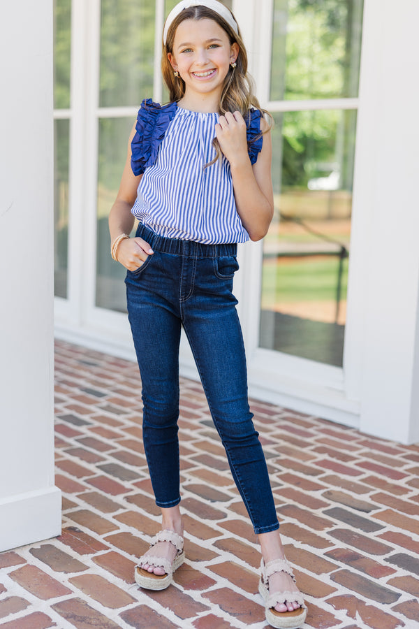 Girls: Listen To Your Heart Navy Blue Striped Ruffled Blouse