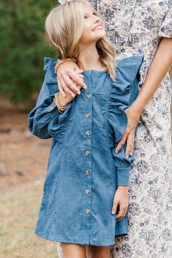 Girls: Never Too Late Teal Blue Corduroy Dress, (8/10) - The Mint Julep Boutique
