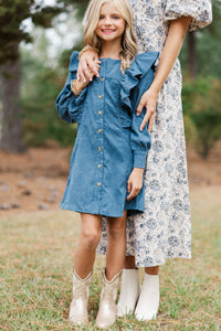 Girls: Never Too Late Teal Blue Corduroy Dress