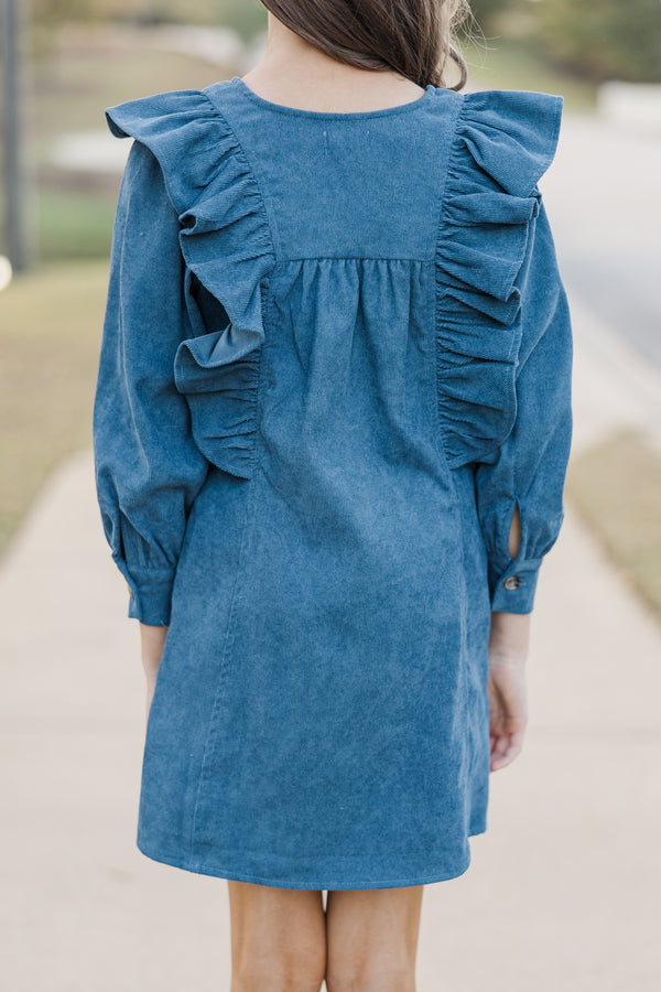 Girls: Never Too Late Teal Blue Corduroy Dress