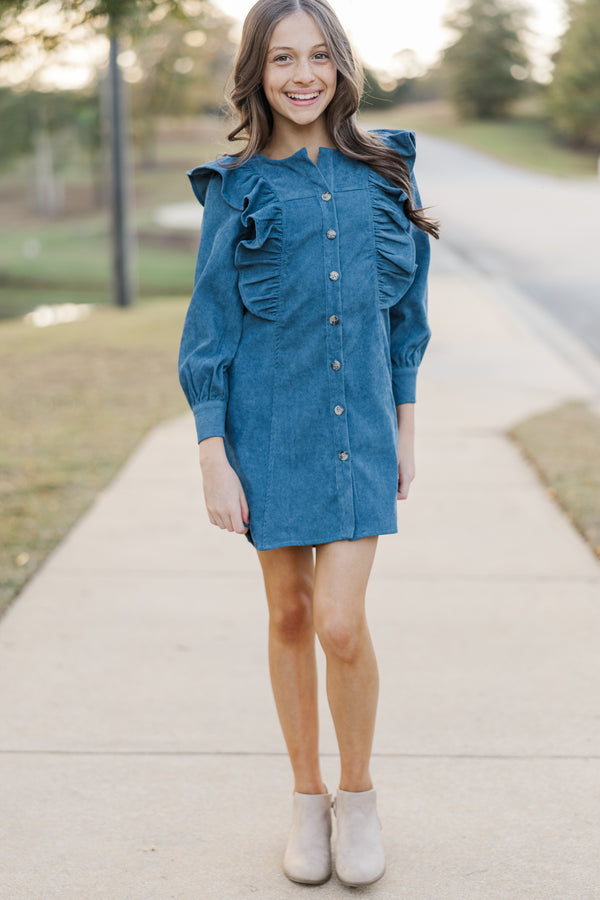 Girls: Never Too Late Teal Blue Corduroy Dress