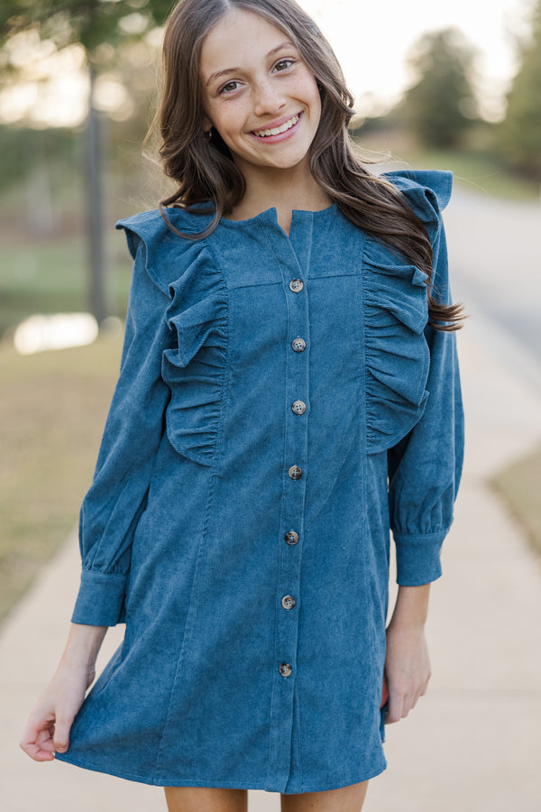 Girls: Never Too Late Teal Blue Corduroy Dress