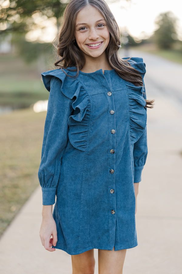 Girls: Never Too Late Teal Blue Corduroy Dress