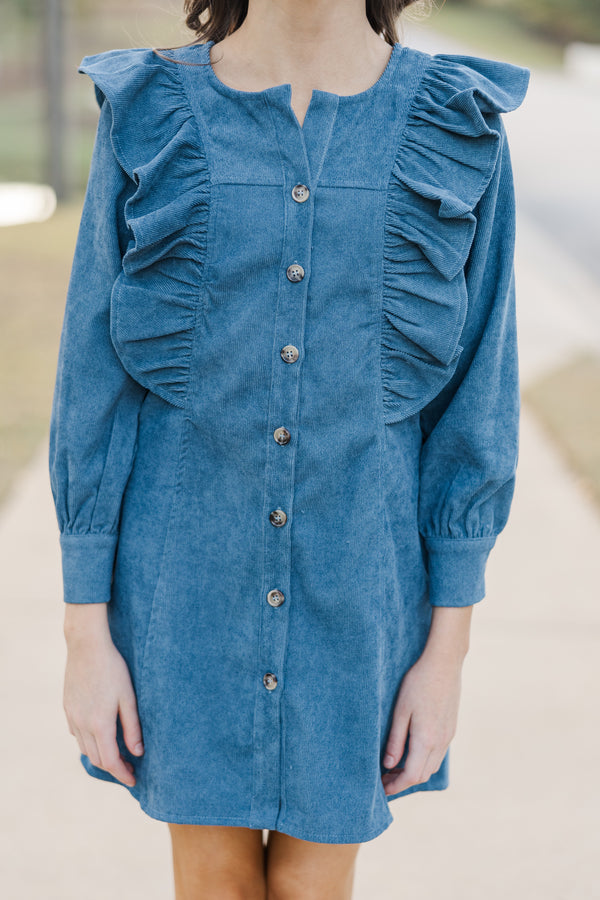 Girls: Never Too Late Teal Blue Corduroy Dress