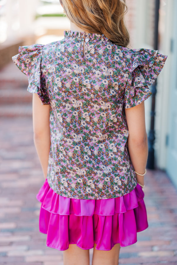 Girls: All Heart Olive Green Ditsy Floral Blouse