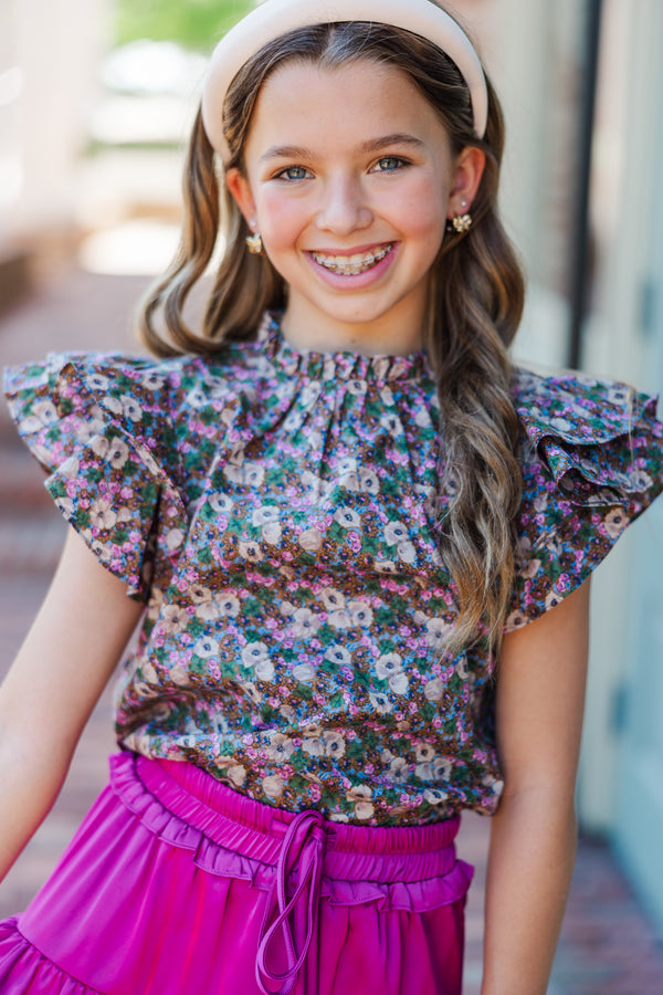 Girls: All Heart Olive Green Ditsy Floral Blouse