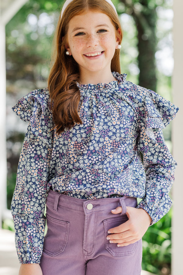 Girls: Just Be Joyful Purple Ditsy Floral L/S Blouse