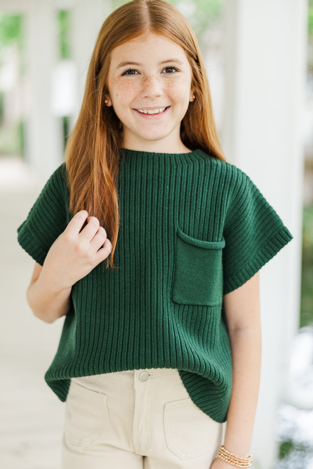 Girls: Open Your Mind Emerald Green Short Sleeve Sweater – Shop