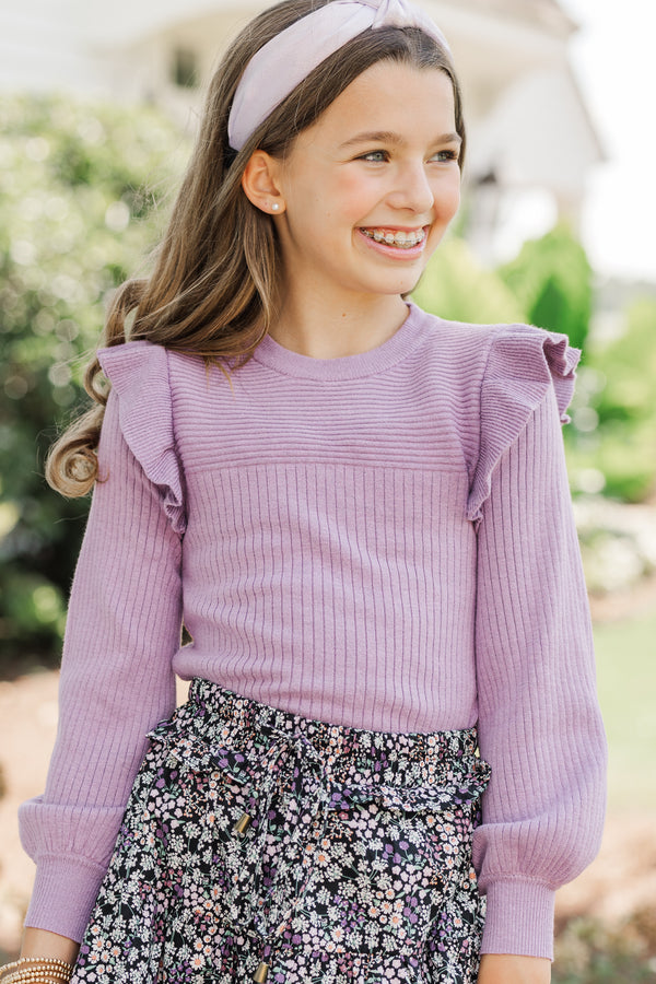 Pruple Ruffland Girls: Reach Out Dusty Purple Ruffled Sweater – Shop the Mint