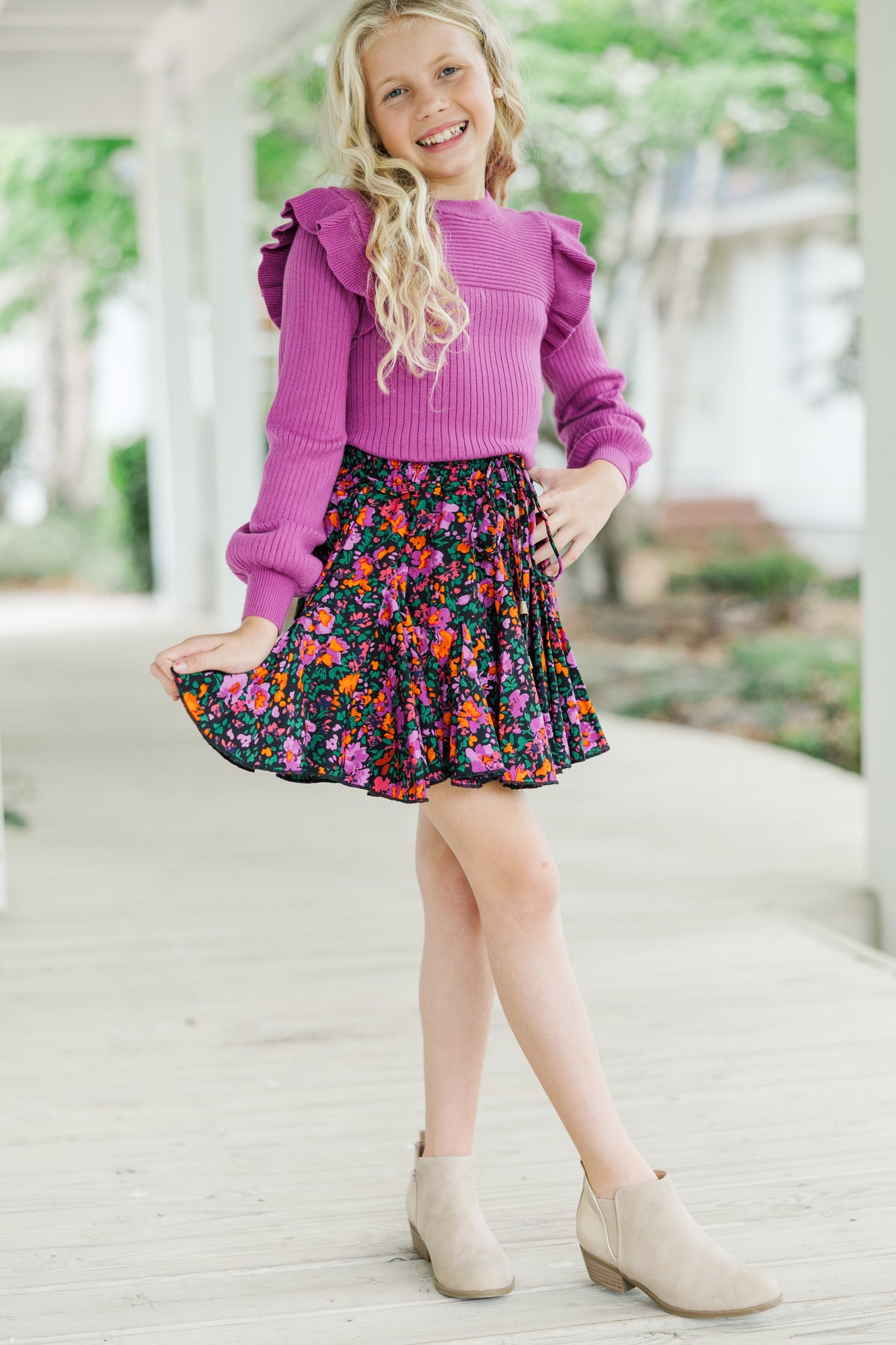 Girls: Look Your Way Black Ditsy Floral Ruffled Skort – Shop the Mint