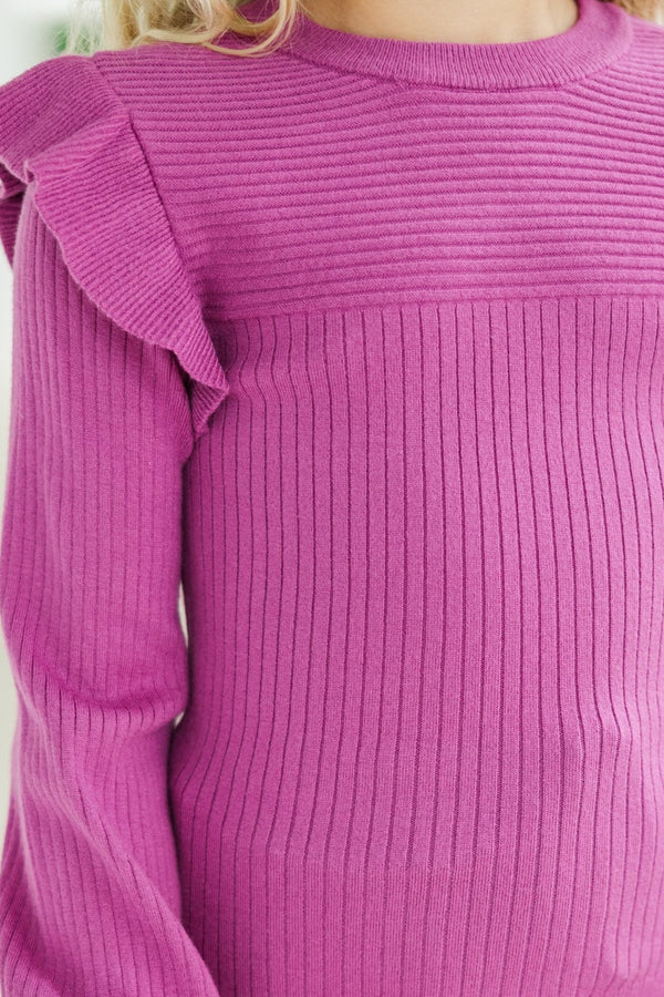 Girls: Reach Out Plum Purple Ruffled Sweater