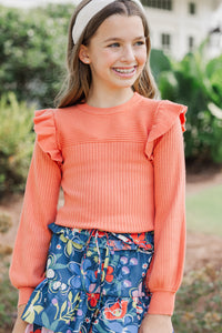 Girls: Reach Out Coral Orange Ruffled Sweater