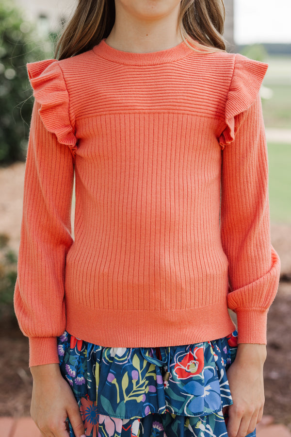 Girls: Reach Out Coral Orange Ruffled Sweater