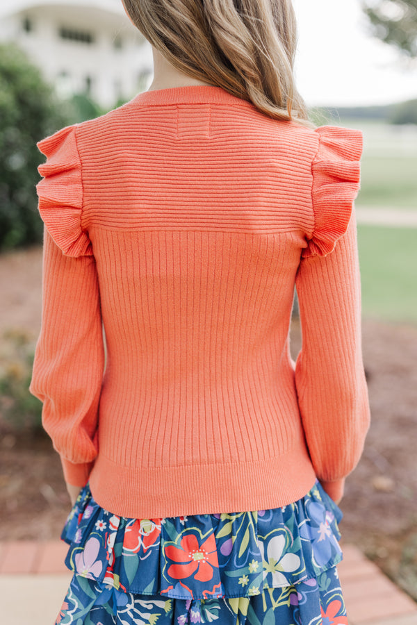 Girls: Reach Out Coral Orange Ruffled Sweater