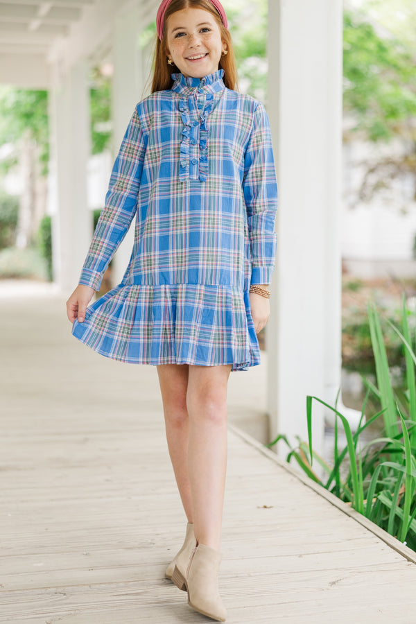 Girls: Looking For You Blue Plaid Babydoll Dress