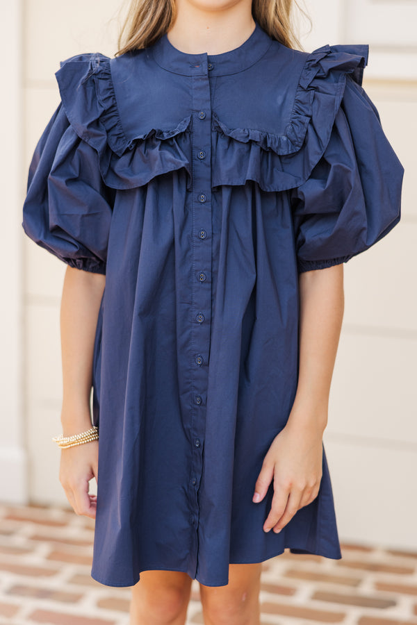 Girls: Keep Up Navy Blue Ruffled Dress