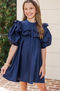 Girls: Keep Up Navy Blue Ruffled Dress