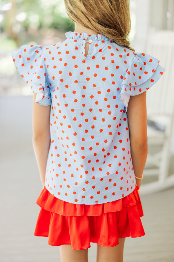 Girls: A True Beauty Light Blue Apple Print Blouse