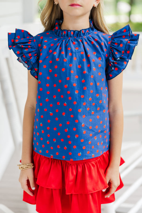 Girls: A True Beauty Navy Blue Apple Print Blouse
