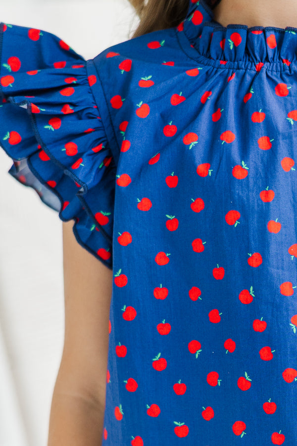 Girls: A True Beauty Navy Blue Apple Print Blouse