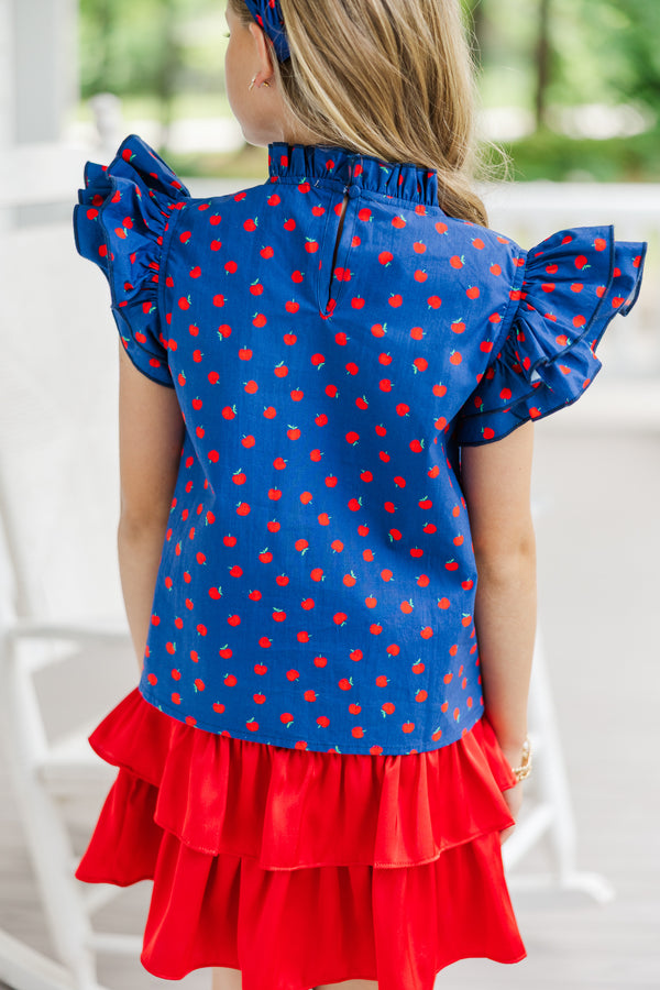 Girls: A True Beauty Navy Blue Apple Print Blouse