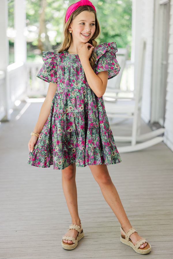 Girls: All The Joy Olive Green Ditsy Floral Dress