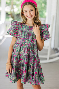 Girls: All The Joy Olive Green Ditsy Floral Dress