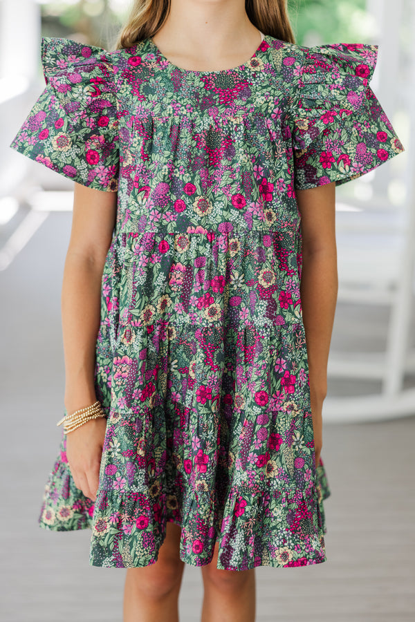 Girls: All The Joy Olive Green Ditsy Floral Dress