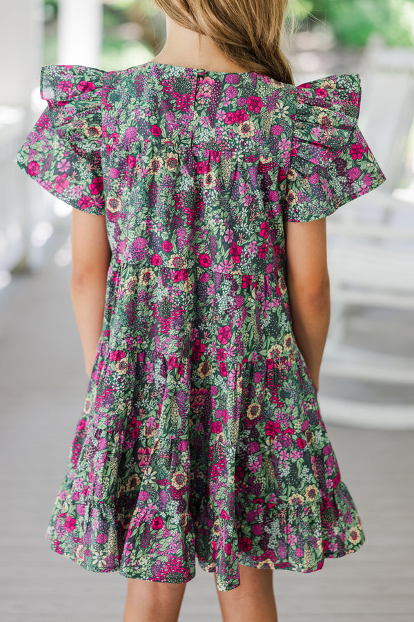 Girls: All The Joy Olive Green Ditsy Floral Dress