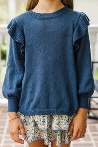 Girls: Give Me A Call Navy Blue Ruffled Sweater
