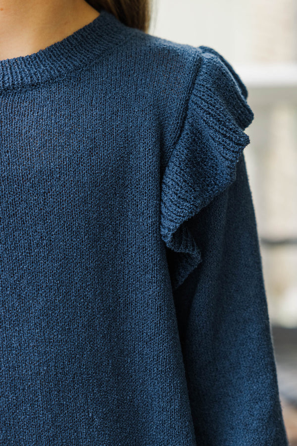 Girls: Give Me A Call Navy Blue Ruffled Sweater