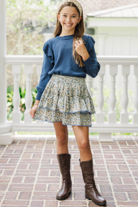 Girls: Give Me A Call Navy Blue Ruffled Sweater